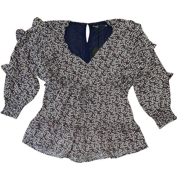 NWT Storia Blue & Brown Floral Lined Long Sleeve Ruffled Mini Dress Medium - Picture 1 of 6